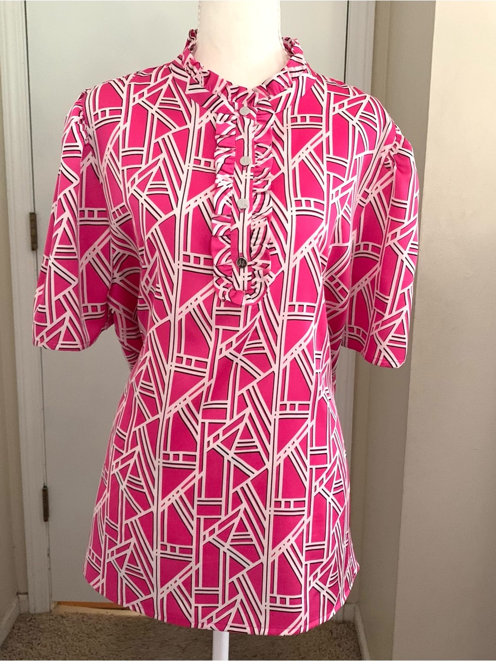 Karl Lagerfeld Paris Blouse Pink Geometric Abstract Designer Short Sleeve Sz XL